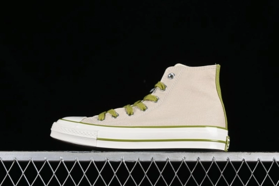 Converse Chuck 70 High Top Casual Canvas Sneakers with Light Beige Upper and Avocado Green Accents - A08530C