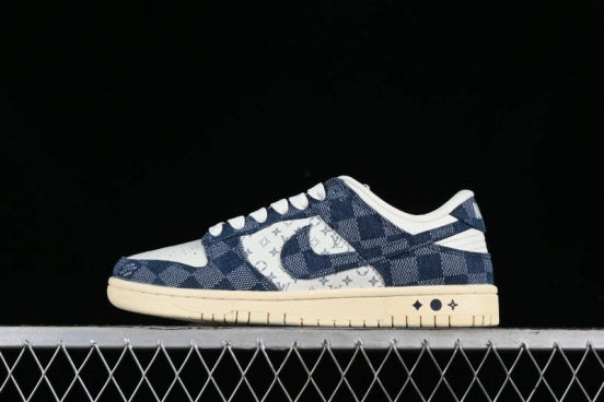 Nike SB Dunk Low LV Collaboration - Denim Checker Anniversary High-End Custom Low-Top Casual Skate Shoes - JH8310-949