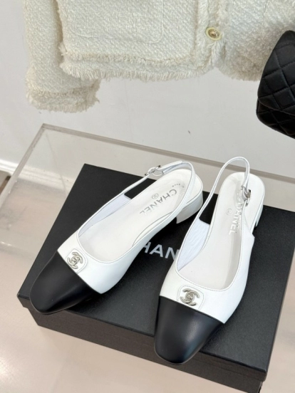 2025 Women Chanel White Black Leather Slingback Heels