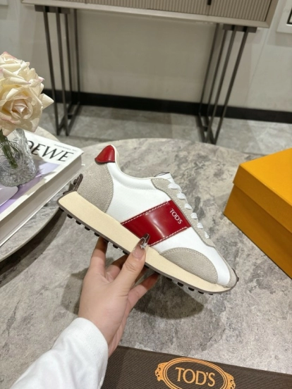 2025 Women TOD'S White Red Leather Suede Sneakers