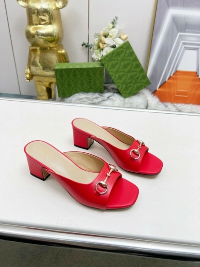 2025 Women Gucci Red Leather Heeled Mules Metal Ornament
