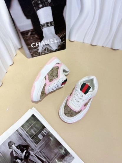 2024 Kids CHANEL Pink White Canvas Leather Sneakers