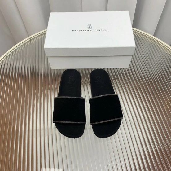 2025 Women BRUNELLO CUCINELLI Black Imported Suede Flat Sandals Handcrafted Beaded Chain Decoration KFY00240(F)