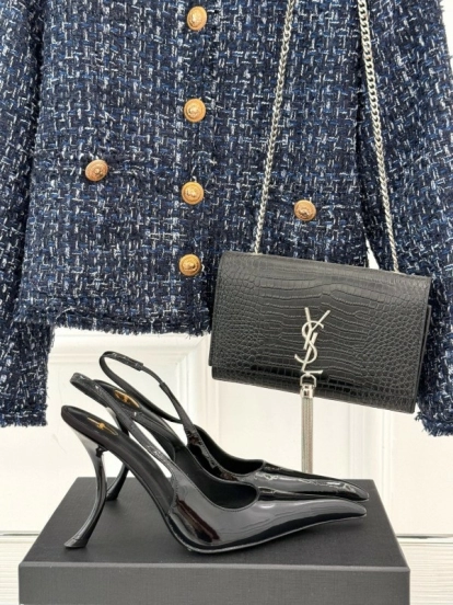 2025 Women YSL Black Patent Leather High Heel Slingback KFY00290