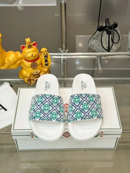 2025 Men CASA BLANCA White Green Blue Embroidered Leather Slippers KFY00160