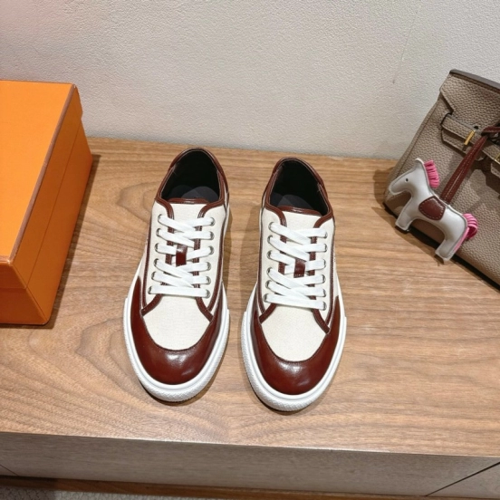 2025 Unisex Hermes Brown White Fabric Leather Sneakers AS00380