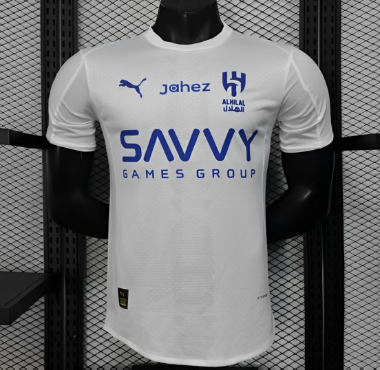 Player Version 25/26 Al-Hilal Away White with Blue Details and SAVVY Games Group Sponsor Jersey