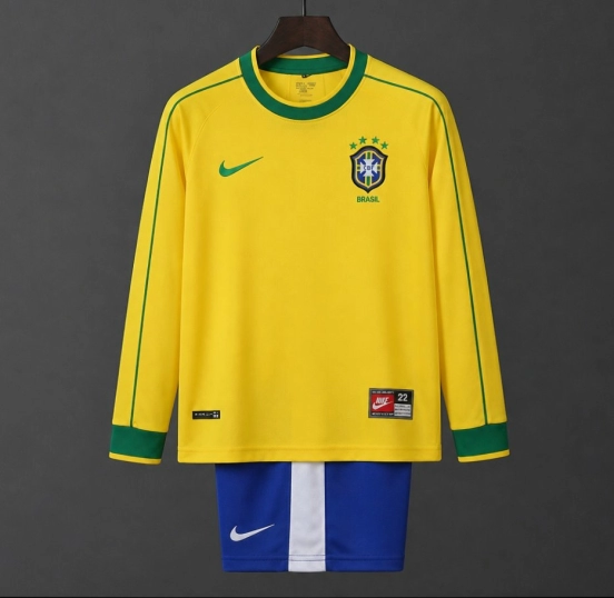 Retro Kids 1998 Brazil Home Long Sleeve Jersey